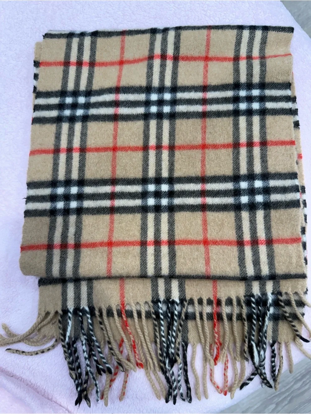 Vintage Burberry Beige Camel Plaid Cashmere Scarf with Black, White and Red - Picture 2 of 4